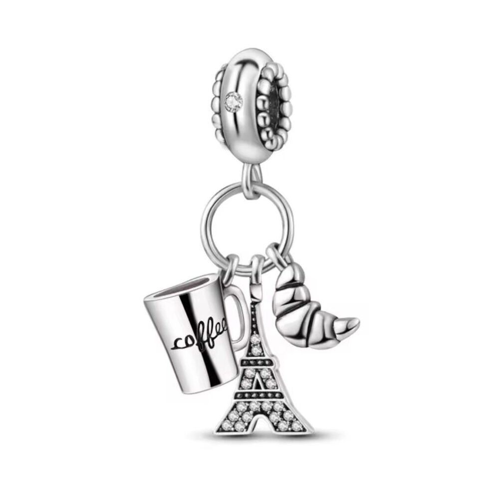 Paris Eiffel Tower Croissant Travel Lover Dangle Charm | 925 Silver | Brand New - Picture 2 of 2